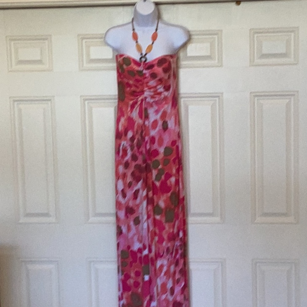 Tommy Bahama Pink and Olive Polka-Dot Strapless Maxi Dress